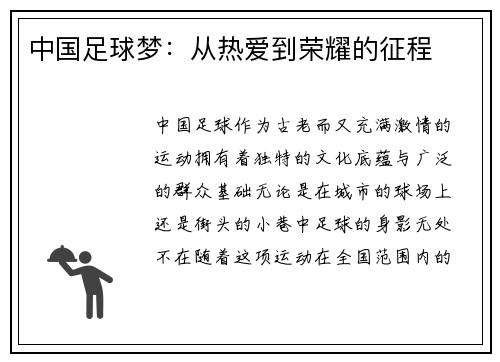 中国足球梦：从热爱到荣耀的征程