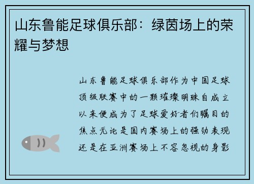 山东鲁能足球俱乐部：绿茵场上的荣耀与梦想