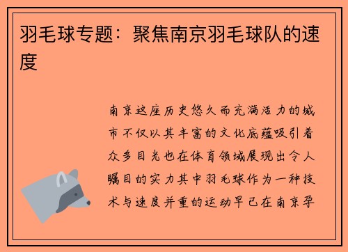 羽毛球专题：聚焦南京羽毛球队的速度