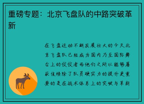 重磅专题：北京飞盘队的中路突破革新