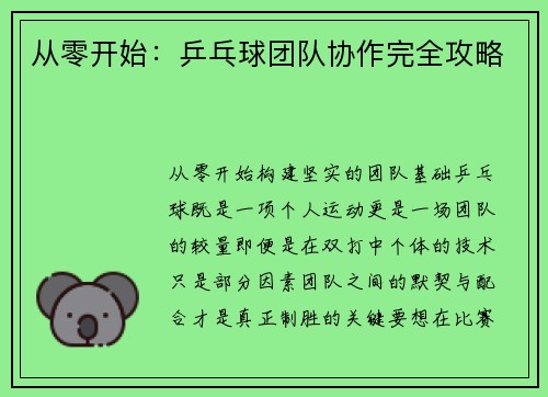 从零开始：乒乓球团队协作完全攻略