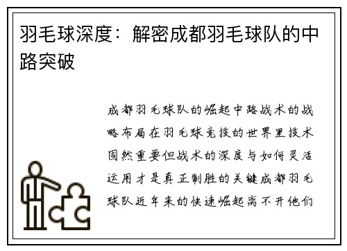羽毛球深度：解密成都羽毛球队的中路突破