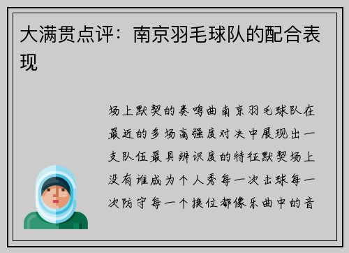 大满贯点评：南京羽毛球队的配合表现