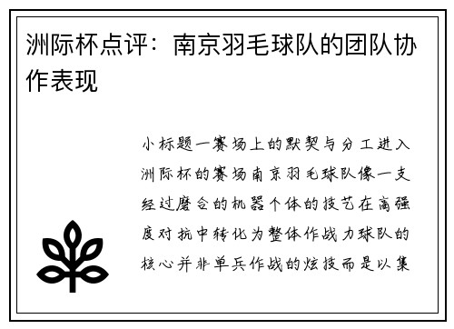 洲际杯点评：南京羽毛球队的团队协作表现