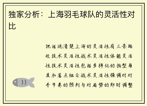 独家分析：上海羽毛球队的灵活性对比